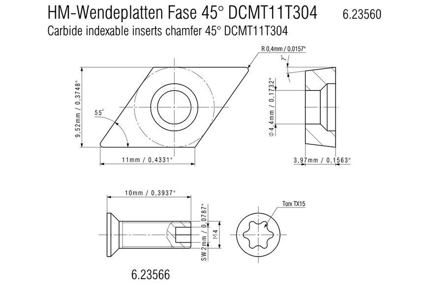 10 твердосплавних поворотних різальних пластин, фаска 45&deg;, ISO DCMT 11 T 304 623560000 фото